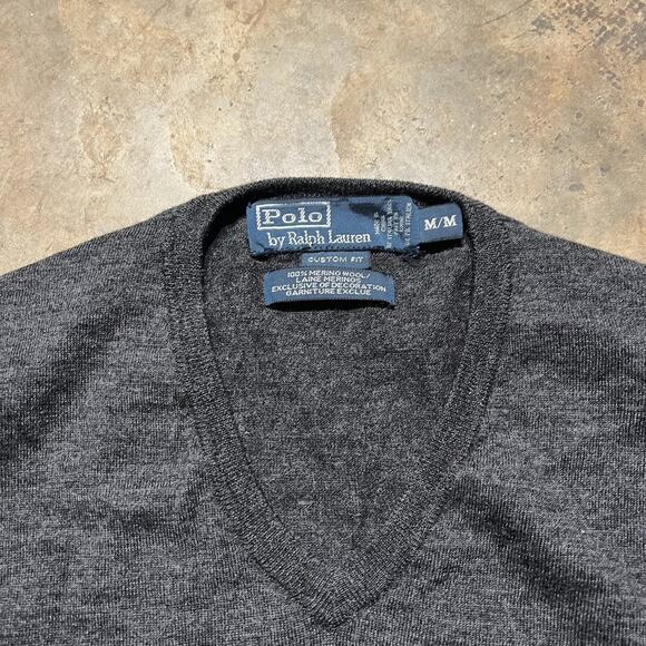 Vintage 90s Polo Ralph Lauren Grey Light Wool V-Neck Sweater - Picture 3 of 3